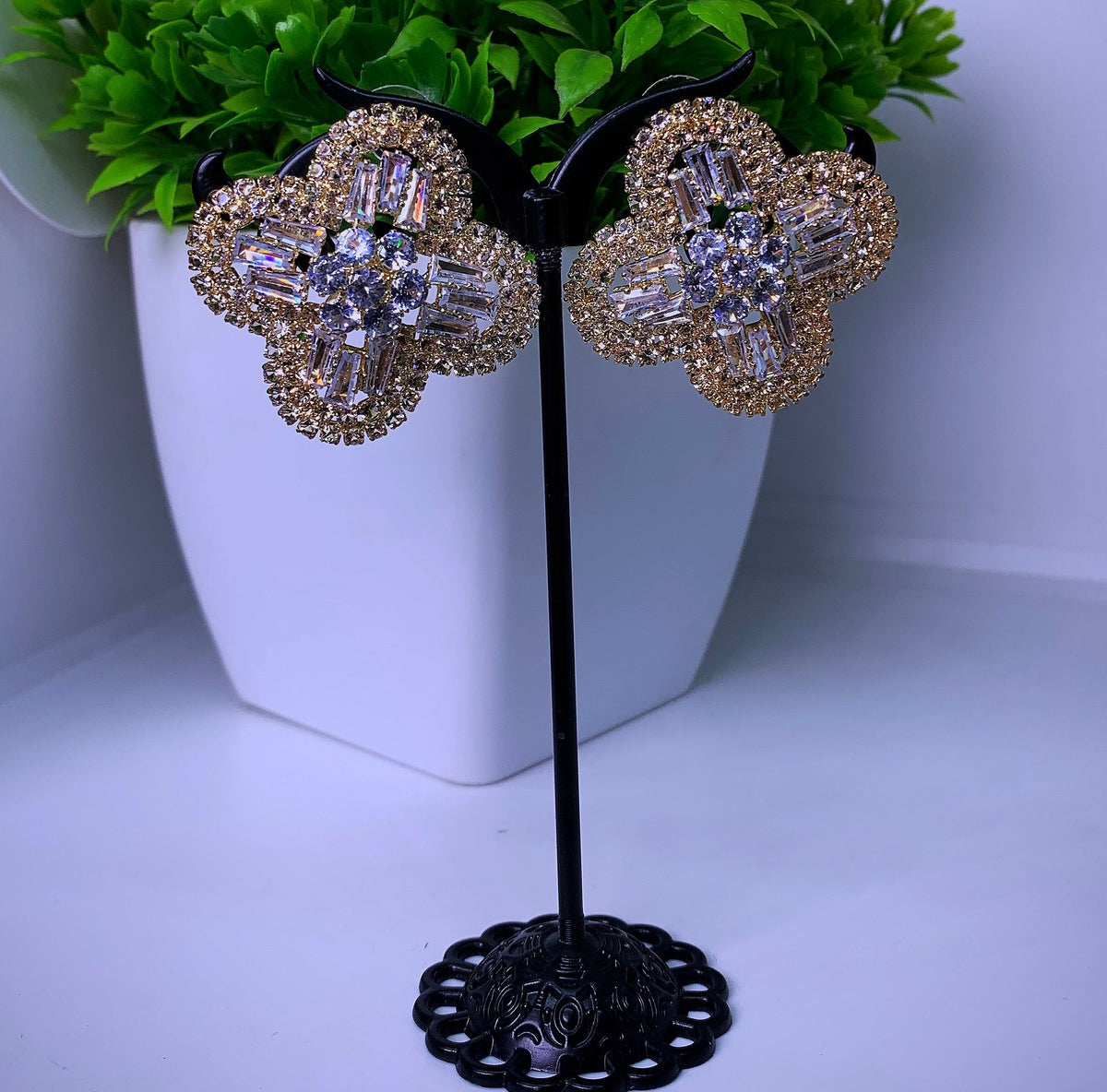 Four-leaf clover cubic zirconia & rhinestone sparkling female earrings