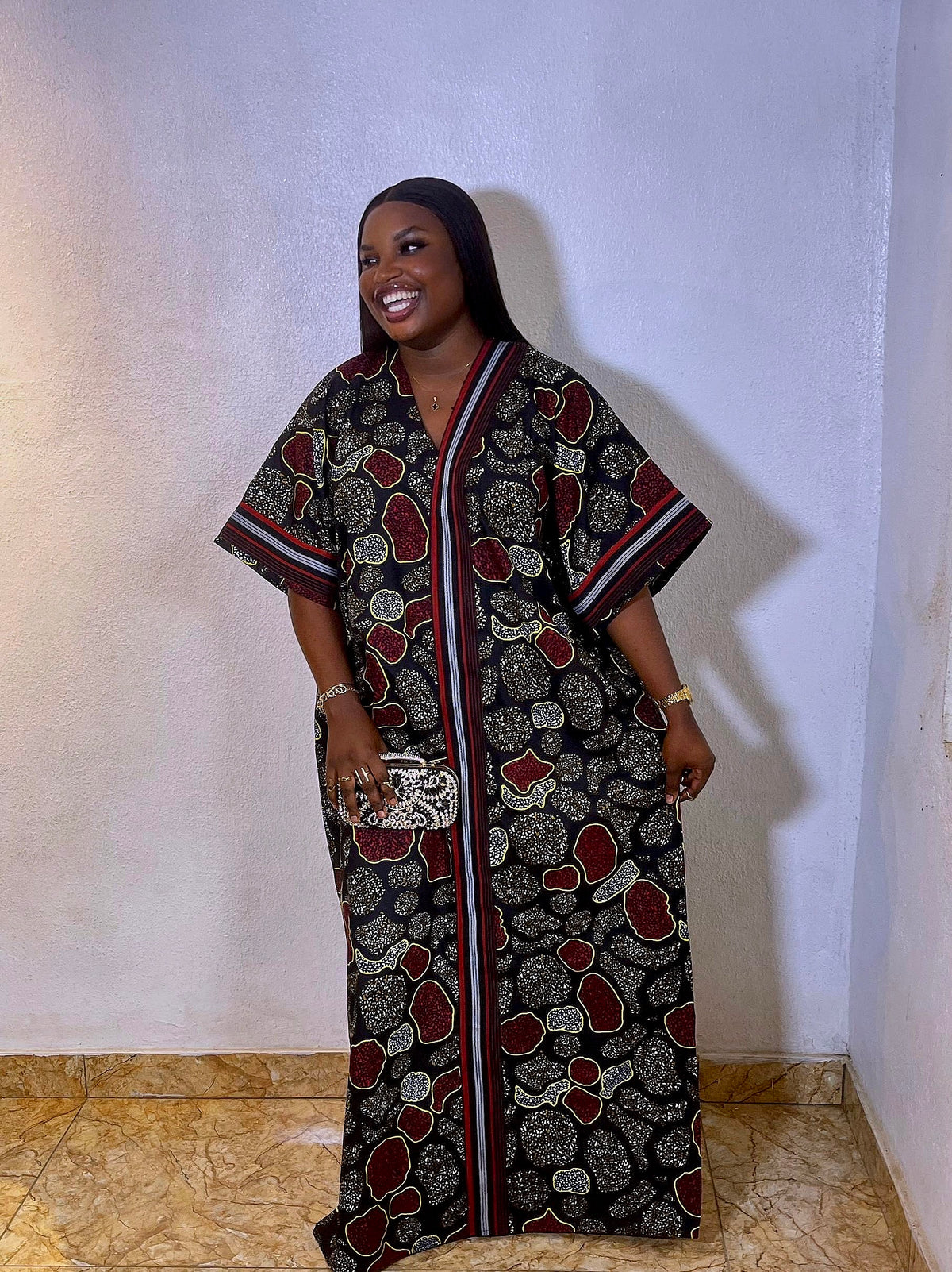 Africa Ankara Print Boubou Dark Colour Palette V-neckline gown